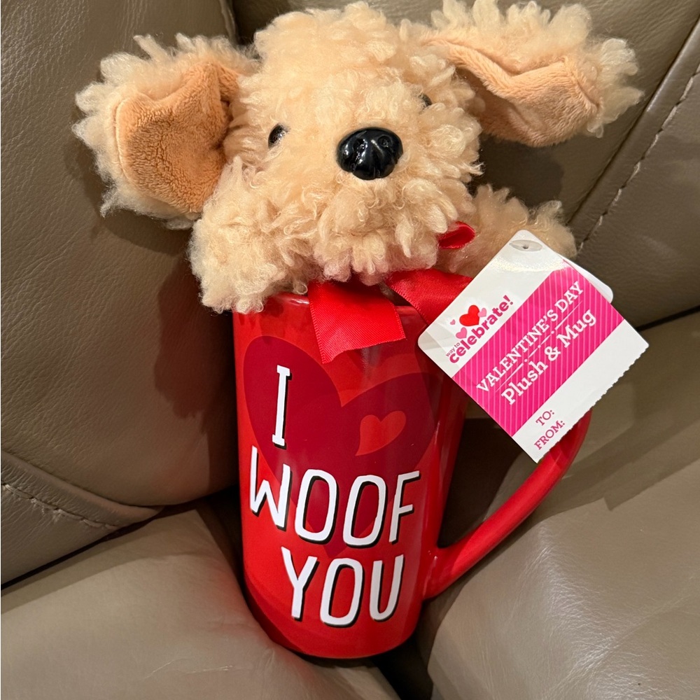 Red 'I Woof You' Mug with Plush Dog